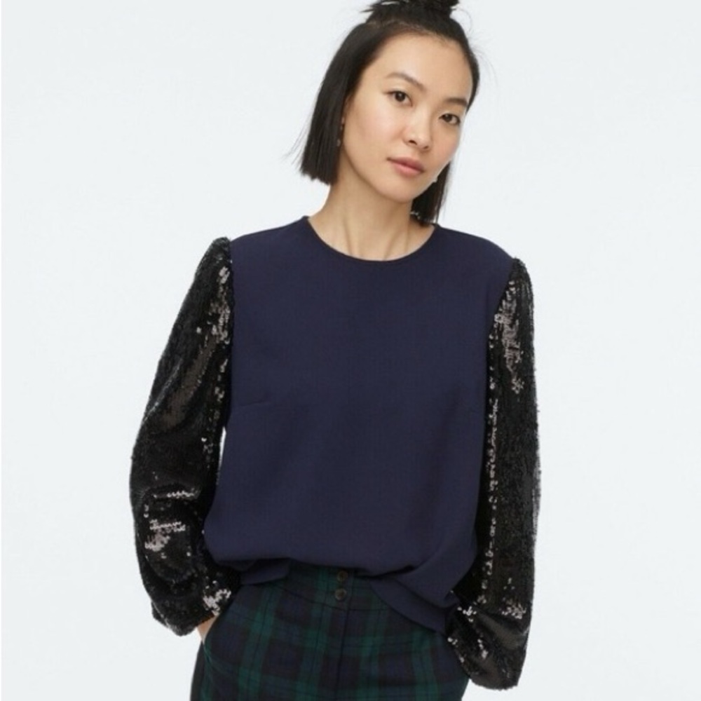 J Crew Sequin Black Sleeve Crepe‎ Navy Blouse Sz Small
